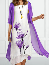 Nora | Damen Linen Midi Kleid mit Chiffon Cardigan Set – Lila