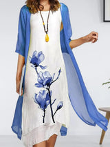 Nora | Damen Linen Midi Kleid mit Chiffon Cardigan Set – Blau
