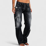 Marie | Damen Low Rise Destroyed Straight Leg Jeans – Schwarz