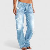 Marie | Damen Low Rise Destroyed Straight Leg Jeans – Hellblau