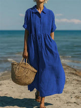 Lena | Damen Luftiges Kurzarm Hemdblusenkleid Midi Sommerkleid – Blau