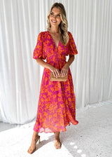 Greta | Damen Luftiges Midi Kleid Blumenmuster Puffärmel V-Ausschnitt – Pink-Orange