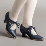 Damen Mary-Jane Pumps mit Schnürung und Cutout-Oberteil mit niedrigem Absatz – Marineblau