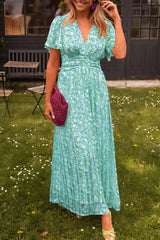 Annika | Damen Maxi Blumenkleid V-Ausschnitt Kurzarm – Grün