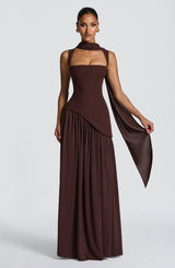 Katharina | Damen Maxi Kleid A-Linie Ärmellos Hochzeitsgast – Braun