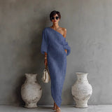 Johanna | Damen Maxi-Kleid Leinenoptik Asymmetrisch Laternärmel Locker – Blau