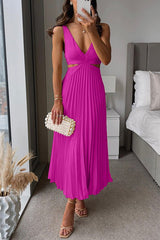 Katharina | Damen Maxi Kleid V-Ausschnitt Plissiert – Rosa