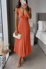 Katharina | Damen Maxi Kleid V-Ausschnitt Plissiert – Orange