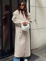 Damen Maxi Mantel mit Reverskragen und doppelreihiger Knopfleiste – Beige