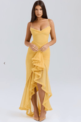 Damen Maxikleid mit Spaghettiträgern und Rüschensaum – Gelb