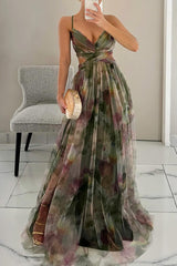 Damen Maxikleid mit Spaghettiträgern, Wickeloberteil und Taillenausschnitt – Grün