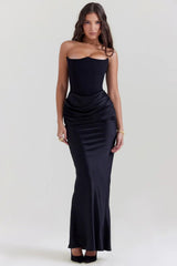 Damen Maxikleid mit trägerlosen Oberteil und gerafftem Taillenbereich – Schwarz