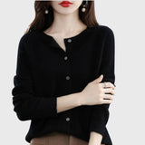 Charlotte | Damen Merino Cardigan Knopfleiste Rundhals – Schwarz