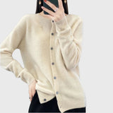 Charlotte | Damen Merino Cardigan Knopfleiste Rundhals – Beige