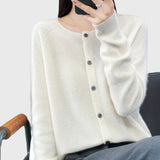 Charlotte | Damen Merino Cardigan Knopfleiste Rundhals – Weiß