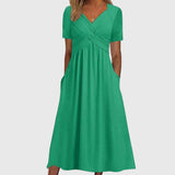 Nora | Damen Midi-Kleid mit Bauchkontrolle V-Ausschnitt Wickeloptik – Grün