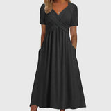 Nora | Damen Midi-Kleid mit Bauchkontrolle V-Ausschnitt Wickeloptik – Schwarz