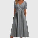 Nora | Damen Midi-Kleid mit Bauchkontrolle V-Ausschnitt Wickeloptik – Grau
