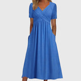 Nora | Damen Midi-Kleid mit Bauchkontrolle V-Ausschnitt Wickeloptik – Blau