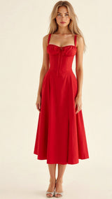 Emilia | Damen Midi Kleid mit Korsett-Optik und Blumenmuster – Rot