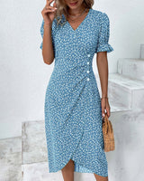 Hannah | Damen Midi Kleid V-Ausschnitt Blumenmuster Wickelstil – Blau