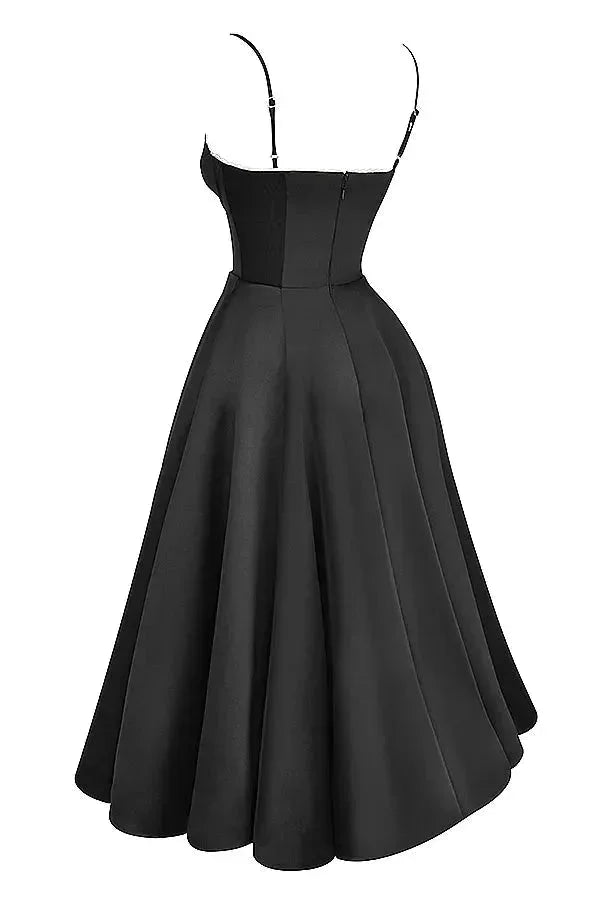 Damen Midi Satin Kleid in Schwarz mit Cremefarbenem Tüll