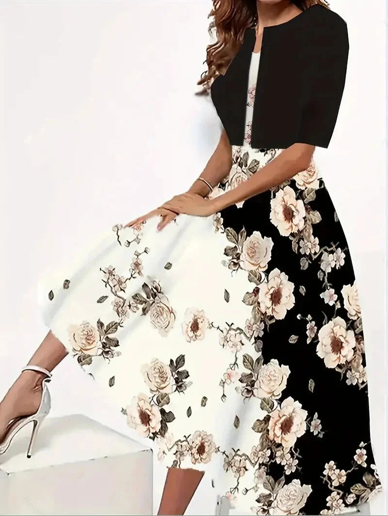 Damen Midi Sommerkleid mit Blazer und Blumenmuster