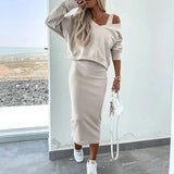 Nora | Damen Midikleid mit Sweatshirt-Oberteil figurbetontes Zweiteiler-Set – Weiß