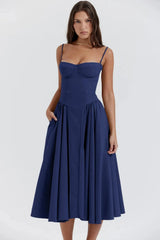 Damen Midikleid mit Trägern und strukturiertem Oberteil – Marineblau