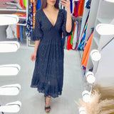 Elisabeth | Damen Midikleid Weißes Anglaise-Spitze V-Ausschnitt Rüschenärmel – Blau