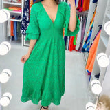 Elisabeth | Damen Midikleid Weißes Anglaise-Spitze V-Ausschnitt Rüschenärmel – Grün