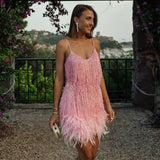 Damen Minikleid mit Spaghettiträgern, Fransenlagen und Federbesatz am Saum – Rosa