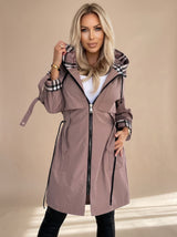 Luisa | Damen Moderner Trenchcoat Kapuze Kariert Taillengürtel Reißverschluss – Braun