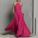 Mia | Damen Neckholder Leinen Maxi Kleid Ärmellos – Heißes Rosa
