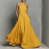 Mia | Damen Neckholder Leinen Maxi Kleid Ärmellos – Gelb