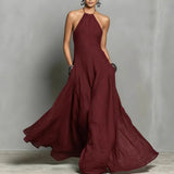 Mia | Damen Neckholder Leinen Maxi Kleid Ärmellos – Burgund