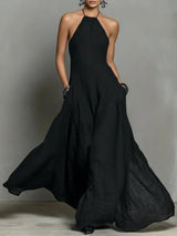 Mia | Damen Neckholder Leinen Maxi Kleid Ärmellos – Schwarz
