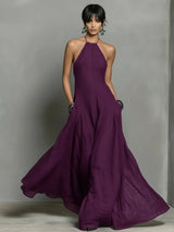 Mia | Damen Neckholder Leinen Maxi Kleid Ärmellos – Lila