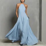 Mia | Damen Neckholder Leinen Maxi Kleid Ärmellos – Hellblau