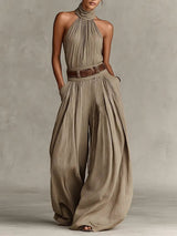 Greta | Damen Neckholder Weites-Bein Ärmelloser Jumpsuit mit Gürtel – Taupe