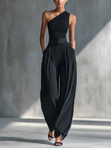 Amelie | Damen One-Shoulder Strick-Top Weite-Hosen Set – Schwarz