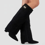 Nora | Damen Overknee Stiefel Mit Schnalle Spitzer Blockabsatz Wildleder – Schwarzes Wildleder
