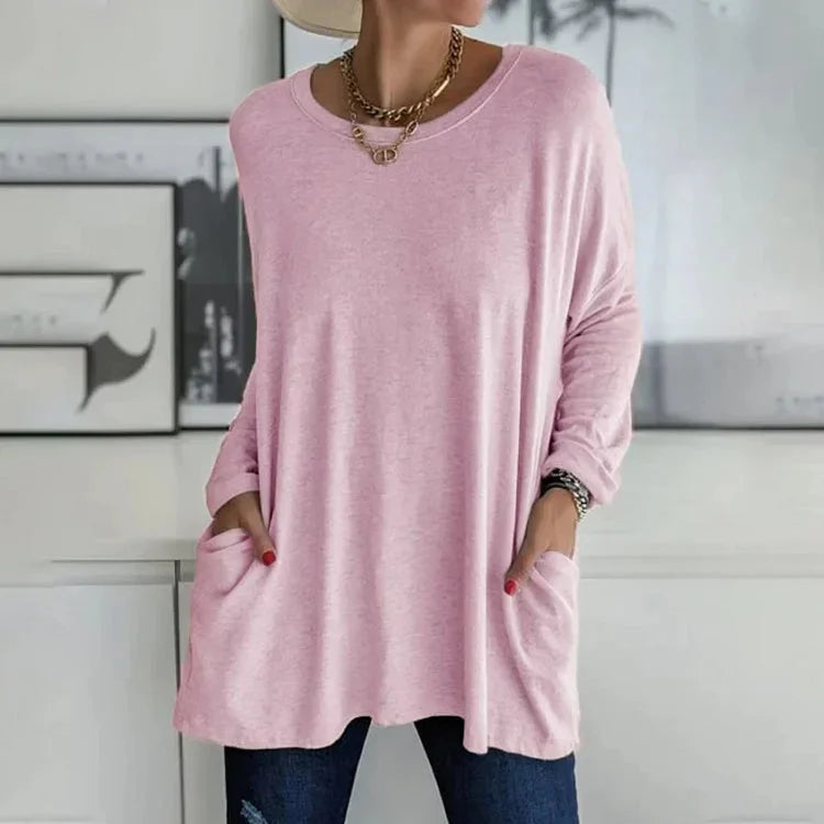 Damen Oversize Pullover mit Rundhalsausschnitt und Taschen