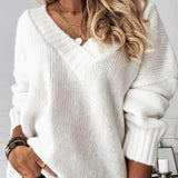 Frieda | Damen Oversize V-Ausschnitt Strickpullover Langarm – Weiß
