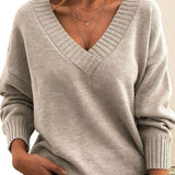 Frieda | Damen Oversize V-Ausschnitt Strickpullover Langarm – Beige