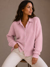 Elfriede | Damen Oversized Cardigan mit Kragen und Knopfleiste – Rosa