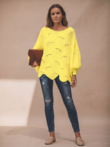 Frieda | Damen Oversized Hollow-Out Strickpullover mit Rundhalsausschnitt – Gelb