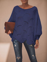 Frieda | Damen Oversized Hollow-Out Strickpullover mit Rundhalsausschnitt – Blau