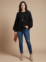 Frieda | Damen Oversized Hollow-Out Strickpullover mit Rundhalsausschnitt – Schwarz