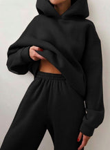Amelie | Damen Oversized Kapuzen-Strickpullover mit Jogginghose im Set – Schwarz